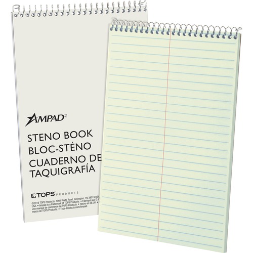 Ampad Kraft Cover Steno Book - 60 Sheets - Wire Bound - Front Ruling Surface - 0.34" Ruled - Gregg Ruled Margin - 15 lb Basis Weight - 6" x 9" - Green Tint Paper - Kraft Cover - Chipboard Backing, Rigid, WireLock, Snag Resistant, Sturdy Cover - 1 Each