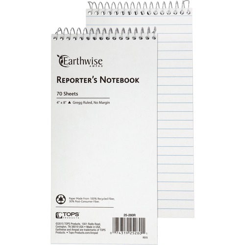 Ampad Earthwise Reporter's Notebook - 70 Sheets - Wire Bound - Front Ruling Surface - 0.34" Ruled - 15 lb Basis Weight - 4" x 8" - White Paper - WireLock, Chipboard Backing, Micro Perforated, Easy Tear, Snag Resistant - Recycled - 1 Each