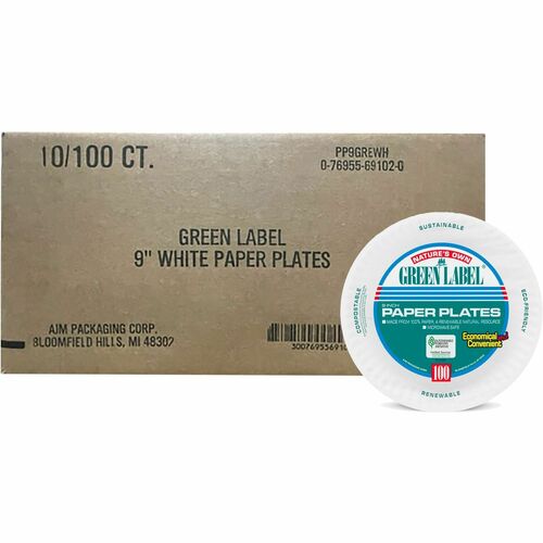 AJM Green Label 9" Economy Paper Plates - 100 / Pack - Microwave Safe - White - Paper Body - 10 / Carton
