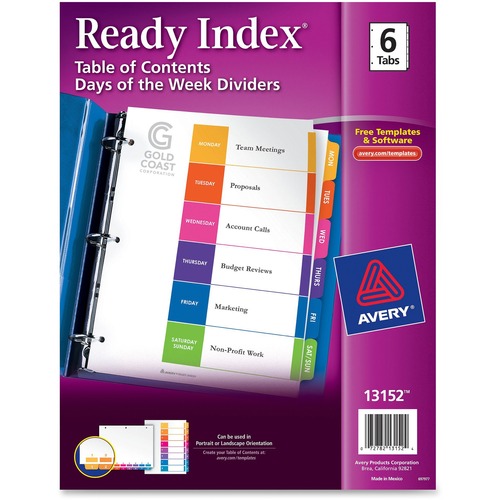 Avery® Ready Index Customizable Table of Contents Classic Multicolor Dividers - Weekday - Mon-Sun - 6 Tab(s)/Set - Letter - 8.50" (215.90 mm) Width x 11" (279.40 mm) Length - 3 Hole Punched - Multicolor Divider - 6 / Set