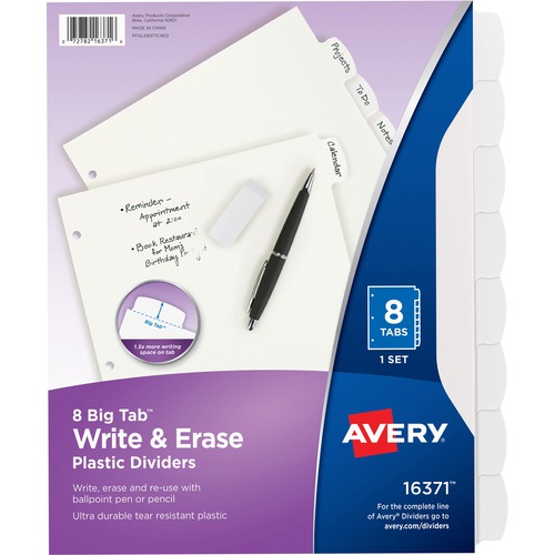 Avery® Big Tab Write & Erase Dividers - 8 x Divider(s) - Write-on Tab(s) - 8 - 8 Tab(s)/Set - 8.5" Divider Width x 11" Divider Length - 3 Hole Punched - White Plastic Divider - White Plastic Tab(s) - 8 / Set