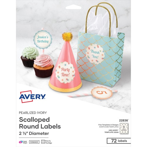 Avery® Gift Label - - Width2 1/2" Diameter - Permanent Adhesive - Round Scallop - Laser, Inkjet - Ivory - Paper - 9 / Sheet - 8 Total Sheets - 72 Total Label(s) - 72 / Pack