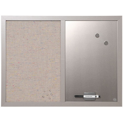 MasterVision MV Fabric/Dry-erase Bulletin Board - 18" Height x 24" Width - Gray Fabric, White Surface - Lightweight, Mounting System, Magnetic - Gray Wood Frame - 1 Each