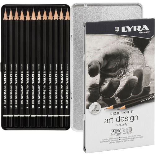 Lyra Art Design Hi-quality Graphite Pencils - 4 mm Lead Diameter - Black Lead - Black Wood Barrel - 12 / Set