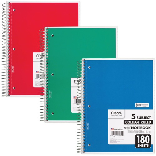 Mead 5-subject Spiral Notebook - 180 Sheets - Wire Bound - College Ruled - 7 1/2" x 10 1/2" - White Paper - Blue, Green, Red Cover - Divider, Compact, Subject - 1 Each