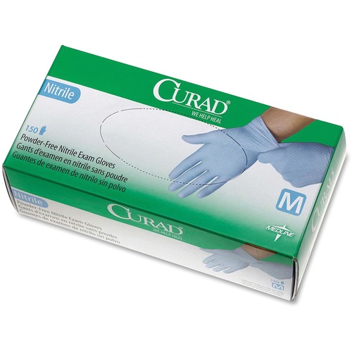 Curad Powder-free Nitrile Disposable Exam Gloves - Medium Size - Full-Textured Design - Blue - Latex-free, Non-sterile, Chemical Resistant - For Medical - 150 / Box - 9.50" Glove Length