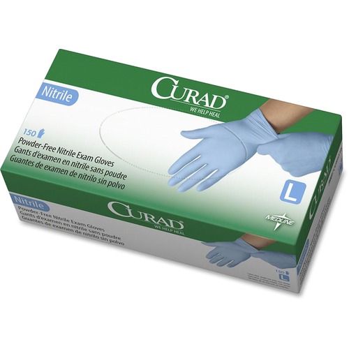 Curad Powder-free Nitrile Disposable Exam Gloves - Large Size - Full-Textured Design - Blue - Latex-free, Non-sterile, Chemical Resistant - For Medical - 150 / Box - 9.50" Glove Length
