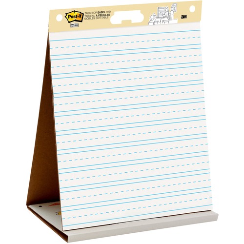 Post-it® Tabletop Easel Pad with Primary Lines - 20 Sheets - Stapled - Primary Blue Margin - 18.50 lb Basis Weight - 20" x 23" - White Paper - Self-stick, Built-in Stand, Foldable, Bleed Resistant, Repositionable, Refillable, Dry Erase Surface, Self-a