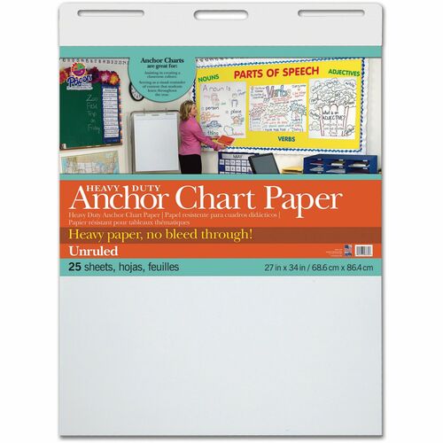 Pacon Heavy-duty Anchor Chart Paper - 25 Sheets - Plain - Unruled - 27" x 34" - White Paper - Heavy Duty, Resist Bleed-through, Recyclable, Built-in Carry Handle - 4 / Carton