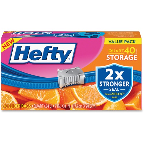 Hefty Slider Quart Storage Bags - 1 quart Capacity - 8" Length x 7" Width - Sliding Closure - Clear - Plastic - Food - 40 / Box