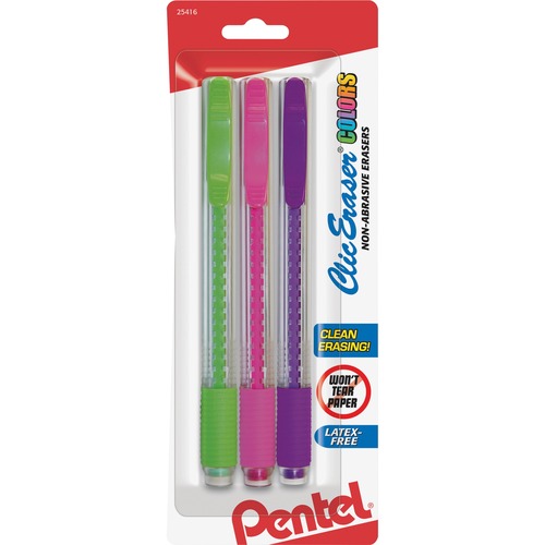 Pentel Clic Assorted Color Eraser - Assorted - Clear Barrel - Pencil - 3 / Pack - Latex-free Grip, Scuff-free, Smear Resistant, Tear Resistant, Pocket Clip, Retractable