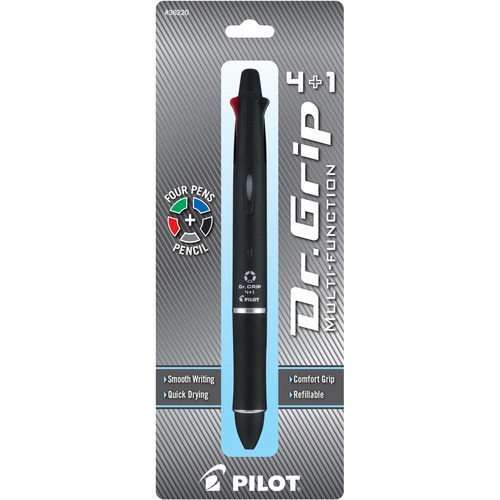Pilot Dr. Grip Multi 4Plus1 Retractable Pen/Pencil - Fine Pen Point - 0.7 mm Pen Point Size - 2HB Pencil Grade - 0.5 mm Lead Size - Refillable - Black, Blue, Red, Green Ink - Black Barrel - Retractable - Smooth Writing, Quick-drying Ink, Break Resistant, 