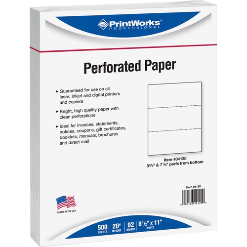 PrintWorks Professional Pre-Perforated Paper for Invoices, Statements, Gift Certificates & More - Letter - 8 1/2" x 11" - 20 lb Basis Weight - 500 / Ream - Sustainable Forestry Initiative (SFI) - Perforated - White