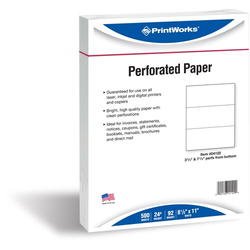 PrintWorks Professional Pre-Perforated Paper for Invoices, Statements, Gift Certificates & More - Letter - 8 1/2" x 11" - 24 lb Basis Weight - 500 / Ream - Perforated - White