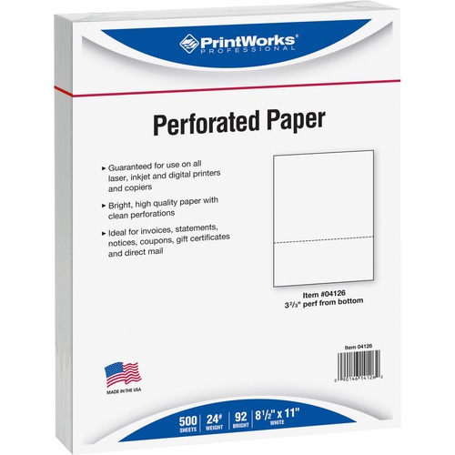 PrintWorks Professional Pre-Perforated Paper for Invoices, Statements, Gift Certificates & More - Letter - 8 1/2" x 11" - 24 lb Basis Weight - 500 / Ream - Perforated - White