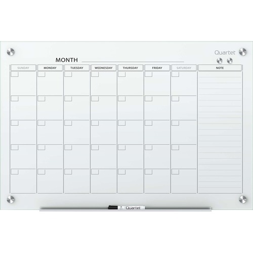 Quartet Infinity Magnetic Glass Dry-Erase Calendar Board - Monthly - 1 Month - White - Tempered Glass - 36" Height x 48" Width - Magnetic, Durable, Stain Resistant, Ghost Resistant, Scratch Resistant, Dent Resistant, Dry Erase Surface, Notes Area - 1 Each