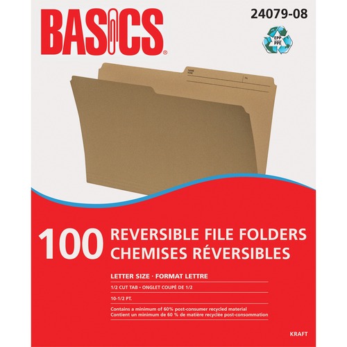 Basics® Reversible File Folders Letter Kraft 100/box - 8 1/2" x 11" - Kraft - 100 / Box