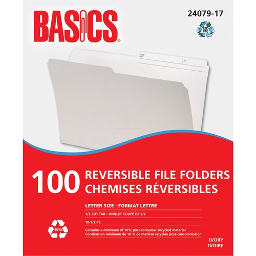 Basics® Reversible File Folders Letter Ivory - 8 1/2" x 11" - Ivory - 100 / Box - Top Tab Colored Folders - BAO2407917