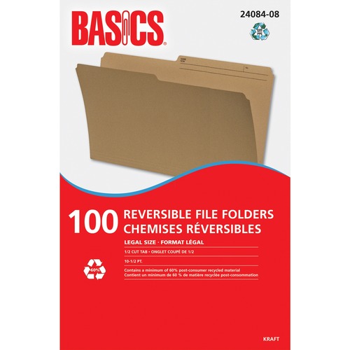 Basics® Reversible File Folders Legal Kraft 100/box - 8 1/2" x 14" - Kraft - 100 / Box