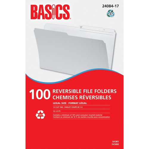 Basics® Reversible File Folders Legal Ivory 100/box - 8 1/2" x 14" - Ivory - 100 / Box