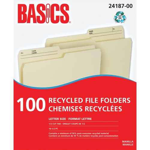 Basics® Recycled Reversible File Folders Letter Manilla 100/box - 8 1/2" x 11" - 100 / Box - Top Tab Manila Folders - BAO2418700