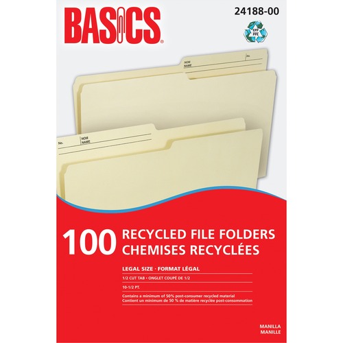 Basics® Recycled Reversible File Folders Legal Manilla 100/box - 8 1/2" x 14" - Manila - 100 / Box