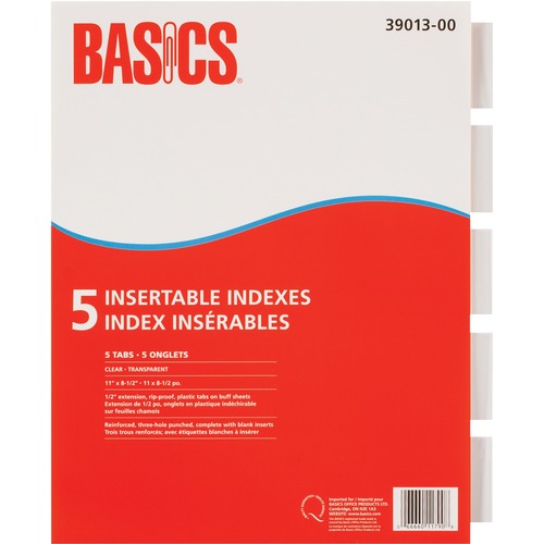 Basics® Insertable Indexes Clear 5 Tabs - 5 Tab(s) - Letter - 8.50" (215.90 mm) Width x 11" (279.40 mm) Length - 3 Hole Punched - Clear Plastic Tab(s)