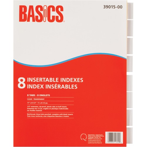 Basics® Insertable Indexes Clear 8 Tabs - 8 Tab(s) - Letter - 8.50" (215.90 mm) Width x 11" (279.40 mm) Length - 3 Hole Punched - Clear Plastic Tab(s)