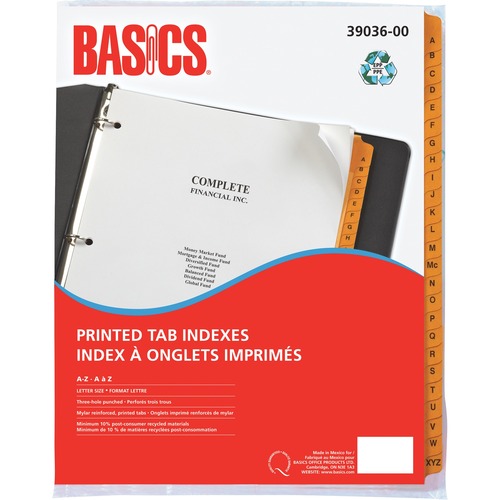 Basics® Printed Tab Indexes A-Z Letter Yellow - Printed Tab(s) - Character - A-Z - Letter - 8.50" (215.90 mm) Width x 11" (279.40 mm) Length - 3 Hole Punched - Yellow Plastic Tab(s) - Recycled - Reinforced - 1 / Pack