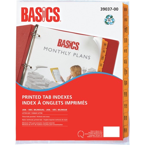 Basics® Printed Tab Indexes Jan-Dec Bilingual Letter Yellow - Printed Tab(s) - Month - Jan-Dec - Letter - 8.50" (215.90 mm) Width x 11" (279.40 mm) Length - 3 Hole Punched - Yellow Plastic Tab(s)