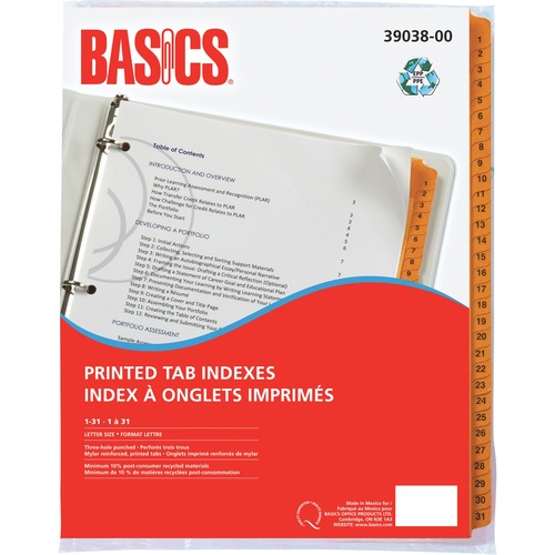 Basics® Printed Tab Indexes 1-31 Letter Yellow - Printed Tab(s) - Digit - 1-31 - Letter - 8.50" (215.90 mm) Width x 11" (279.40 mm) Length - 3 Hole Punched - Yellow Plastic Tab(s)