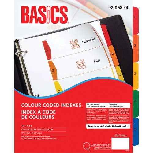 Basics® Colour Coded Indexes 1-5, 4 sets/pkg - Printed Tab(s) - Digit - 1-5 - Letter - 8.50" (215.90 mm) Width x 11" (279.40 mm) Length - Assorted Tab(s) - 4 Set