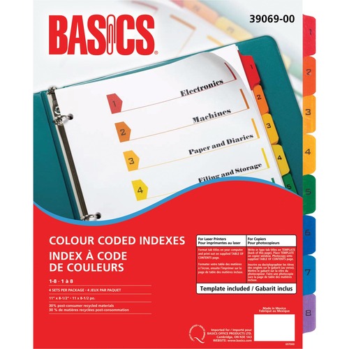 Basics® Colour Coded Indexes 1-8, 4 sets/pkg - Printed Tab(s) - Digit - 1-8 - Letter - 8.50" (215.90 mm) Width x 11" (279.40 mm) Length - Assorted Tab(s) - 4 Set