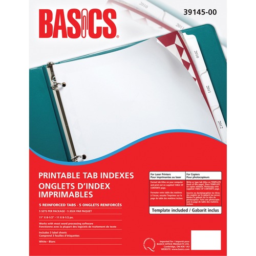 Basics® Printable Tab Indexes Laser 5-Tabs 5 sets/pkg - 5 Tab(s) - Letter - 8.50" (215.90 mm) Width x 11" (279.40 mm) Length - 5 Set