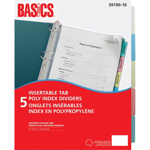 Basics® Poly Index Dividers Assorted Colours 5 Tabs - 5 Tab(s) - Letter - 8.50" (215.90 mm) Width x 11" (279.40 mm) Length - Assorted Polypropylene Divider