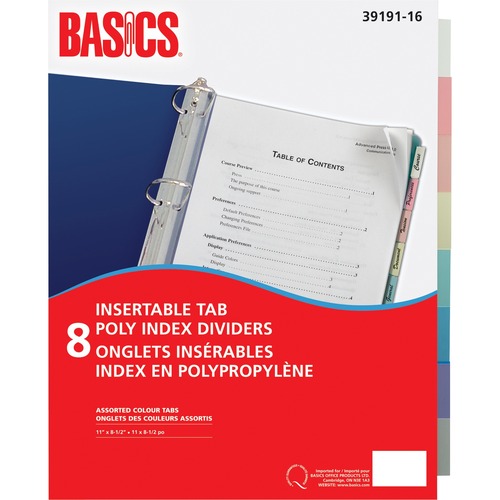 Basics® Poly Index Dividers Assorted Colours 8 Tabs - 8 Tab(s) - Letter - 8.50" (215.90 mm) Width x 11" (279.40 mm) Length - Assorted Polypropylene Divider
