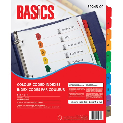 Basics® Colour-Coded Indexes 1-10, 4 sets/pkg - Printed Tab(s) - Digit - 1-10 - Letter - 8.50" (215.90 mm) Width x 11" (279.40 mm) Length - Assorted Tab(s) - 4 Set