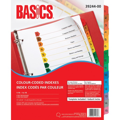Basics® Colour-Coded Indexes 1-15, 4 sets/pkg - Printed Tab(s) - Digit - 1-15 - Letter - 8.50" (215.90 mm) Width x 11" (279.40 mm) Length - Assorted Tab(s) - 4 Set