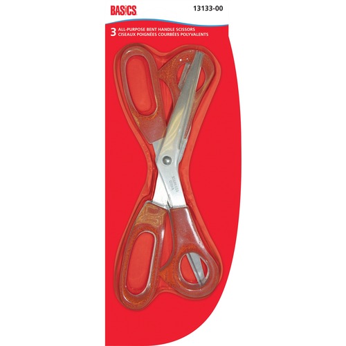 Basics® All Purpose Scissors 8" Bent Handle 3/pkg - 8" (203.20 mm) Overall Length - Bent - Steel - 3 / Pack