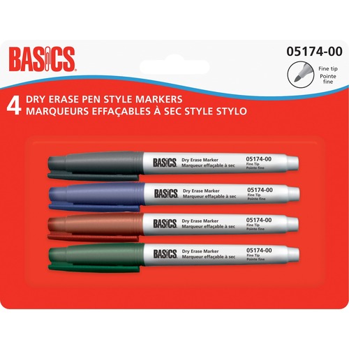 Basics® Dry Erase Pen Style Markers Fine Assorted Colours 4/pkg - Fine Marker Point - Assorted - 4 / Pack