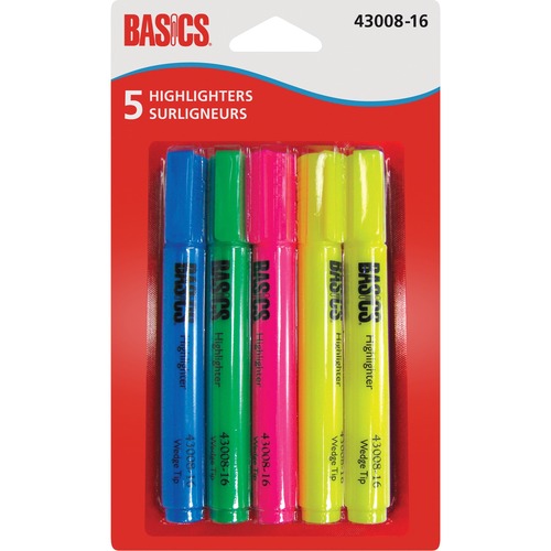 Basics® Highlighters Assorted Colours 5/pkg - Chisel Marker Point Style - Assorted - 5 / Pack
