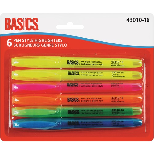 Basics® Pen Style Highlighters Assorted Colours 6/pkg - Chisel Marker Point Style - Assorted - 6 / Pack