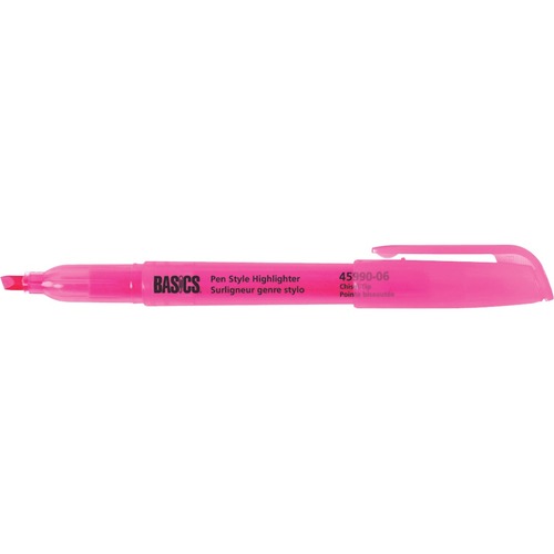 Basics® Pen Style Highlighters Pink 12/box - Chisel Marker Point Style - Pink - 12 / box