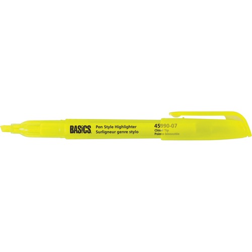 Basics® Pen Style Highlighters Yellow 12/box - Chisel Marker Point Style - Yellow - 12 / box