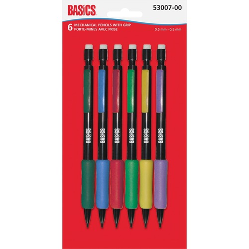 Basics® Mechanical Pencils with Grip 0.5 mm Assorted Colours 6/pkg - 0.5 mm Lead Diameter - Assorted Lead - Black Barrel - 6 / Pack