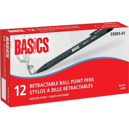 Basics® Retractable Ball Point Pen Medium Black 12/box - Medium Pen Point - Retractable - Black - Charcoal Rubber Barrel - 12 / box