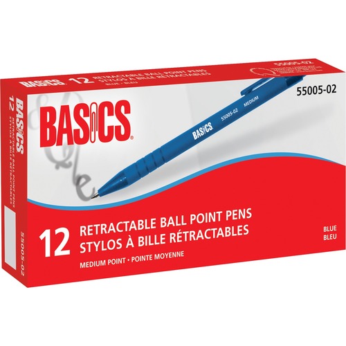 Basics® Retractable Ball Point Pen Medium Blue 12/box - Medium Pen Point - Retractable - Blue - Charcoal Rubber Barrel - 12 / box