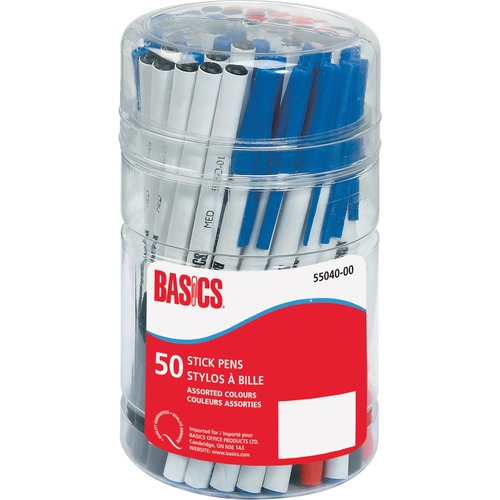 Basics® Stick Pens Medium Point Assorted 50/tub - Medium Pen Point - Black, Blue, Red - 50 / tub