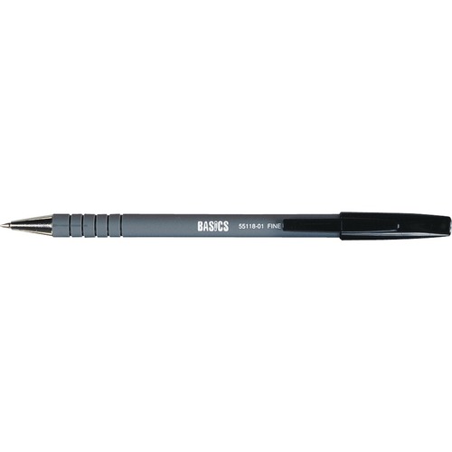 Basics Rubber Barrel Stick Pen Fine Black  - Fine Pen Point - Black - Rubber Barrel - Metal Tip - 12/box