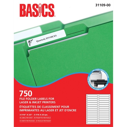 Basics® File Folder Labels for Laser and Inkjet Printers (750 Labels) 25 sheets/box - 3 7/16" Width - Rectangle - Laser, Inkjet - White - 30 / Sheet - 25 Total Sheets - 750 Total Label(s) - 25 / Box